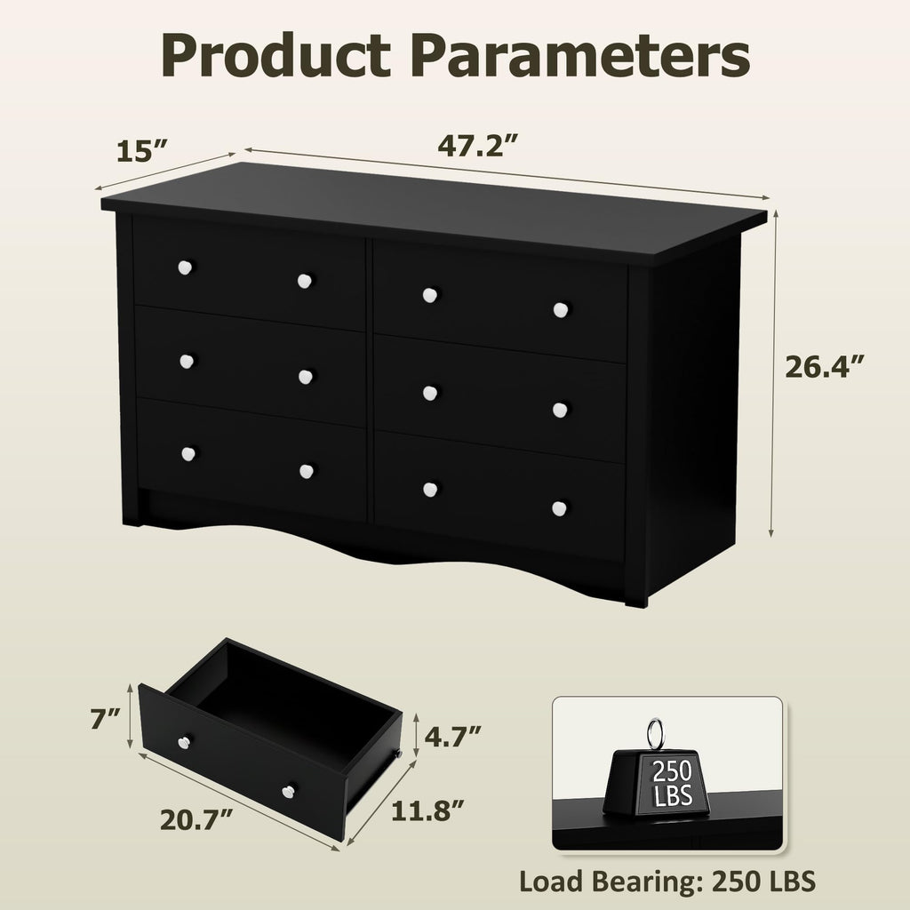 Black 6 Drawer Wood Dresser N7417