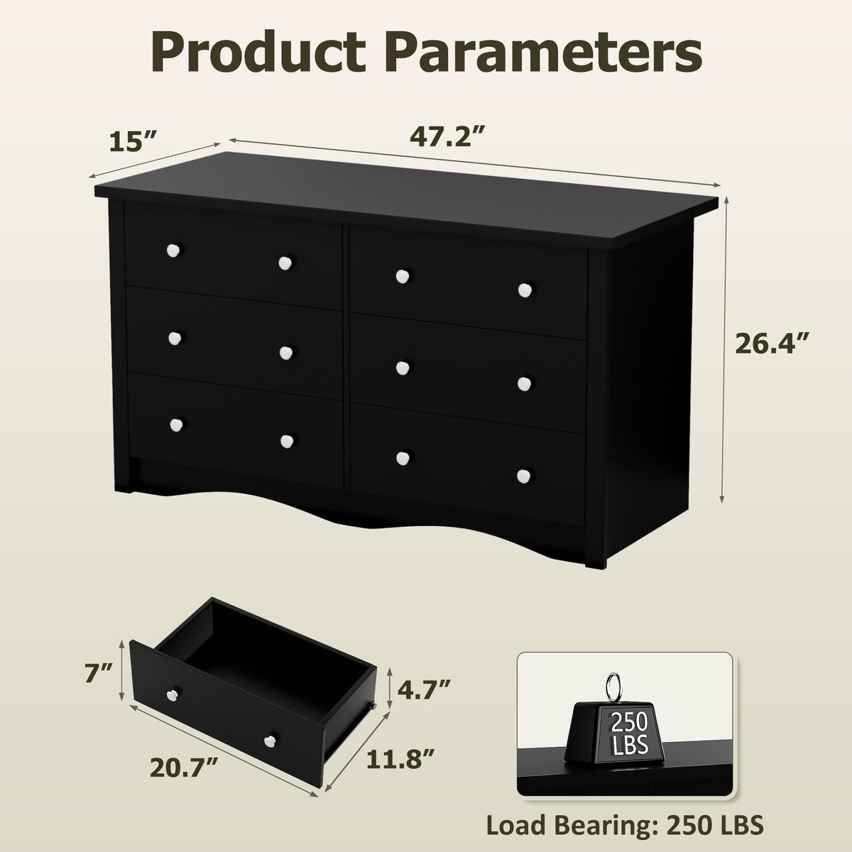 Black 6 Drawer Wood Dresser N7417