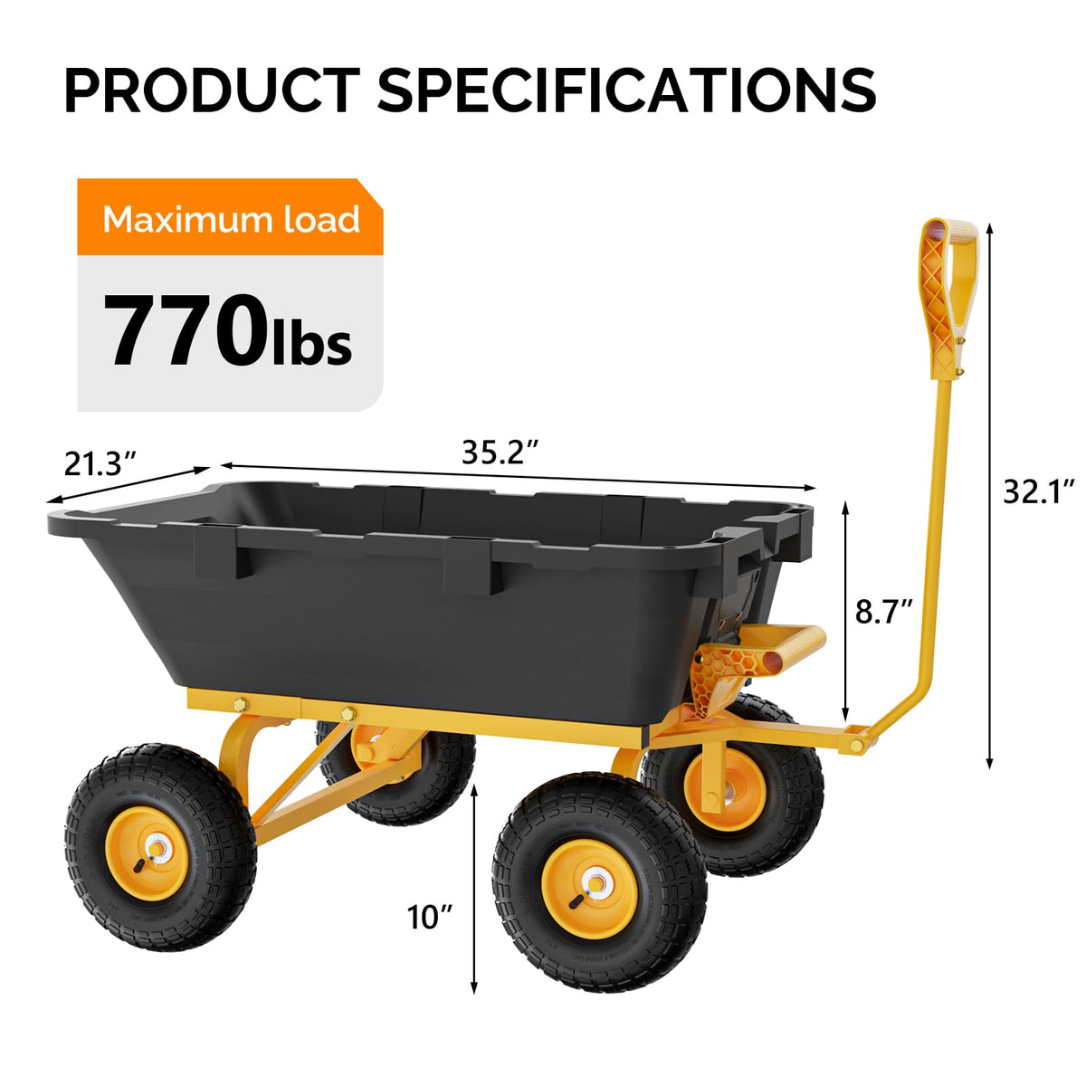 Heavy Duty Dump Cart Wagon, 770LBS Poly Wheelbarrow, 10in All-Terrain Pneumatic Tires Q160