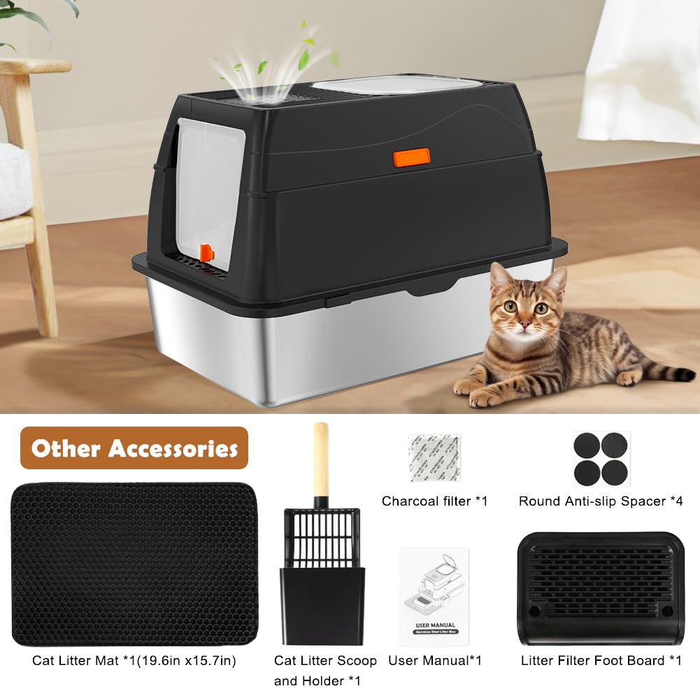 XL Stainless Steel Cat Litter Box with Lid Z1086