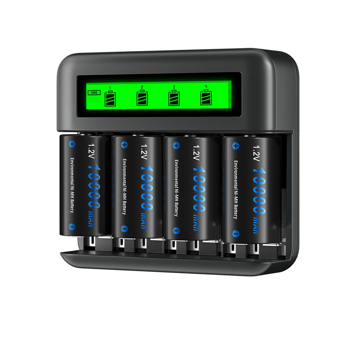 4 Pack 10000mAh Rechargeable D Batteries with 8 Bay LCD Charger M318