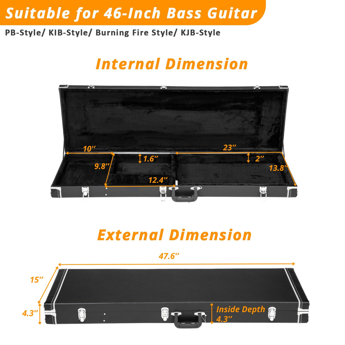 Black Bass Guitar Hard Case with Lock Latch and Soft Padding I36670