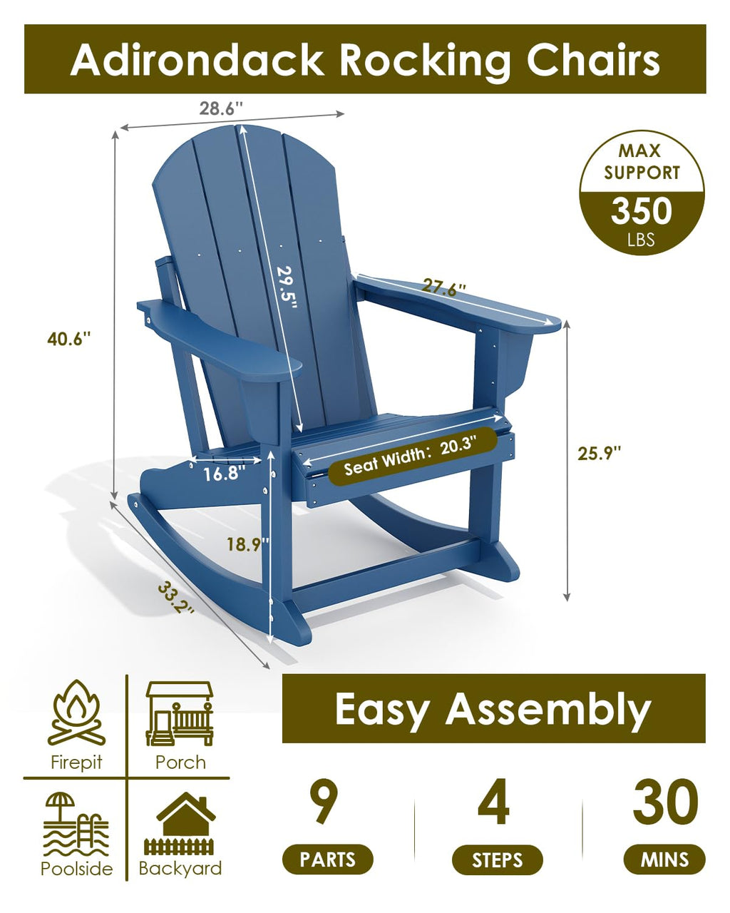 Blue Adirondack Rocking Chairs Set of 4 Y979