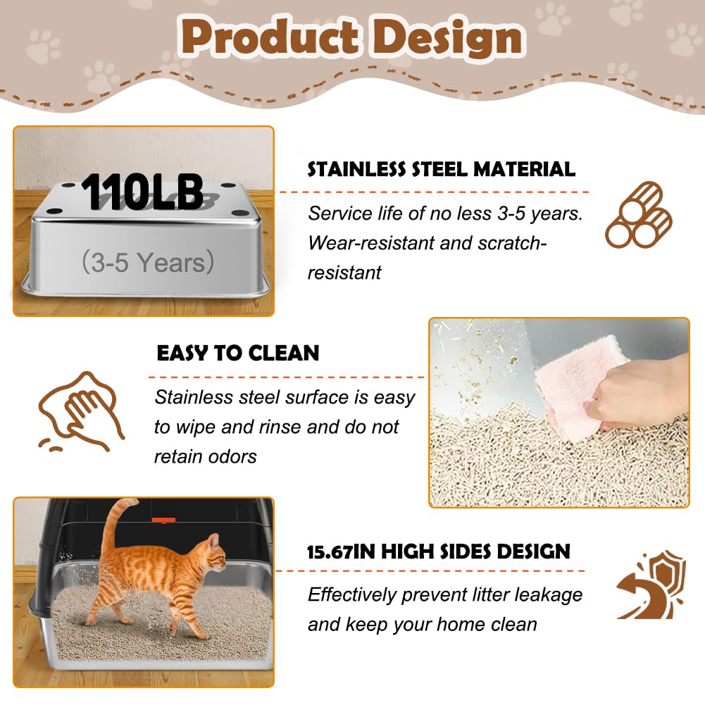 XL Stainless Steel Cat Litter Box with Lid Z1086