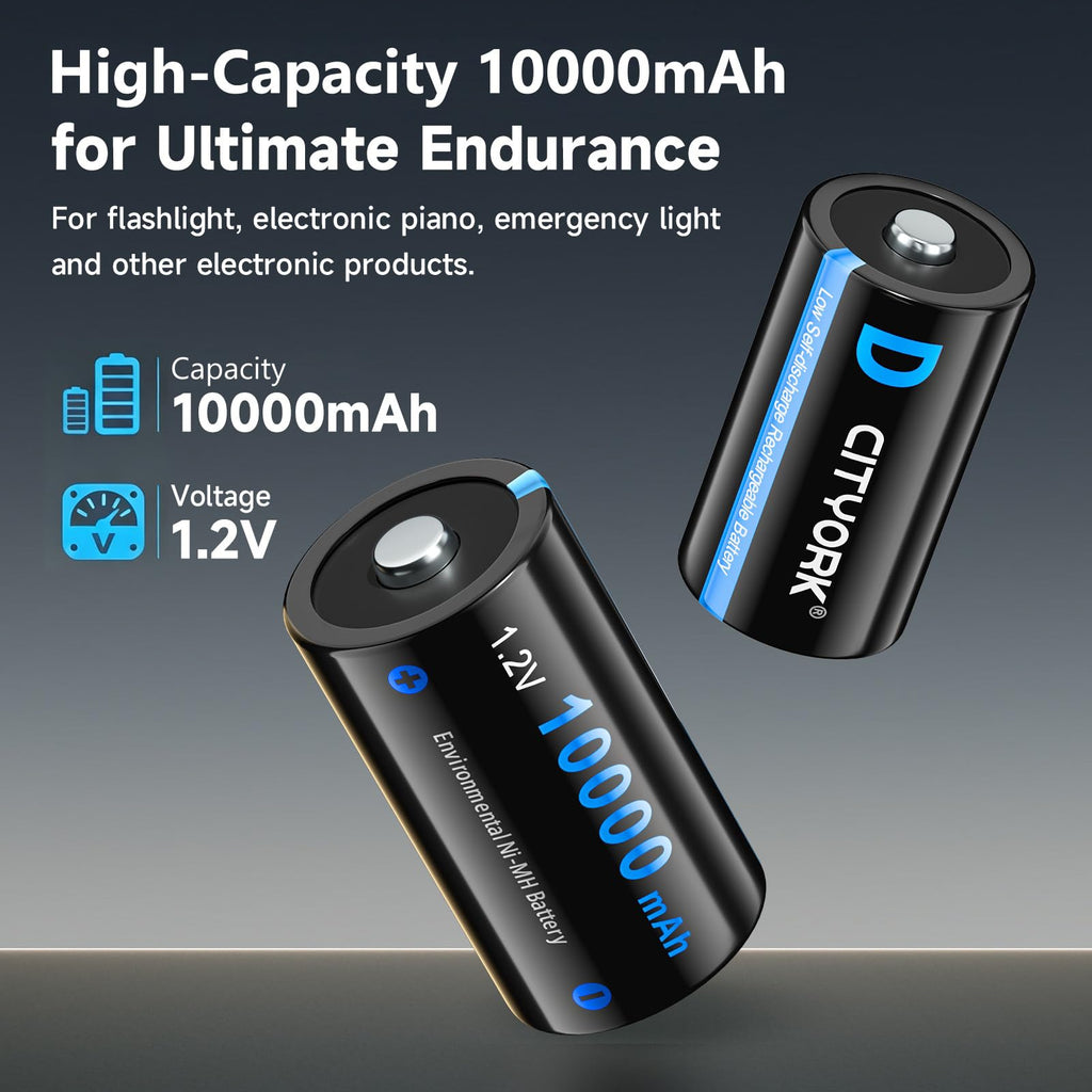 4 Pack 10000mAh Rechargeable D Batteries with 8 Bay LCD Charger M318
