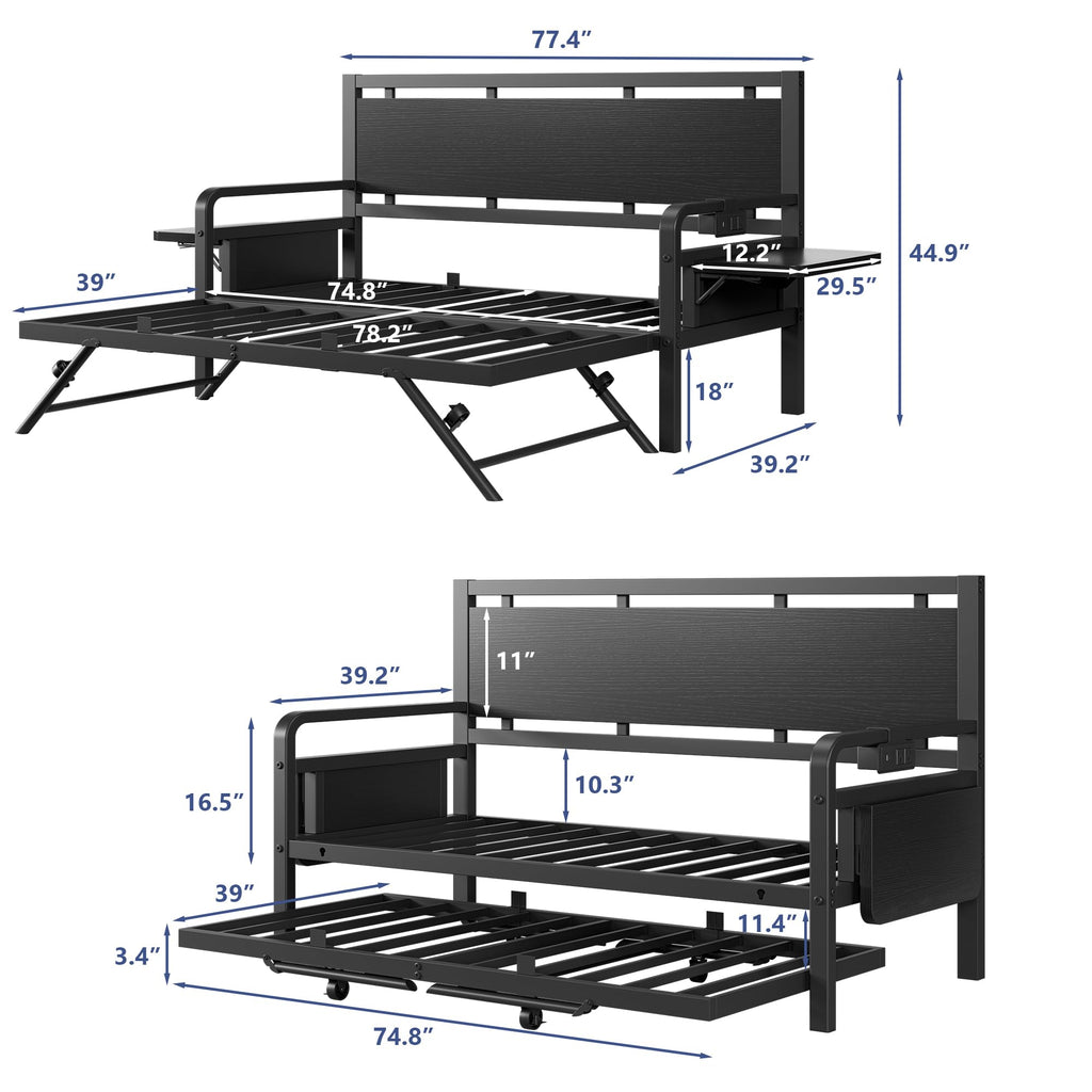 Black Metal Daybed with Trundle and LED Light O764