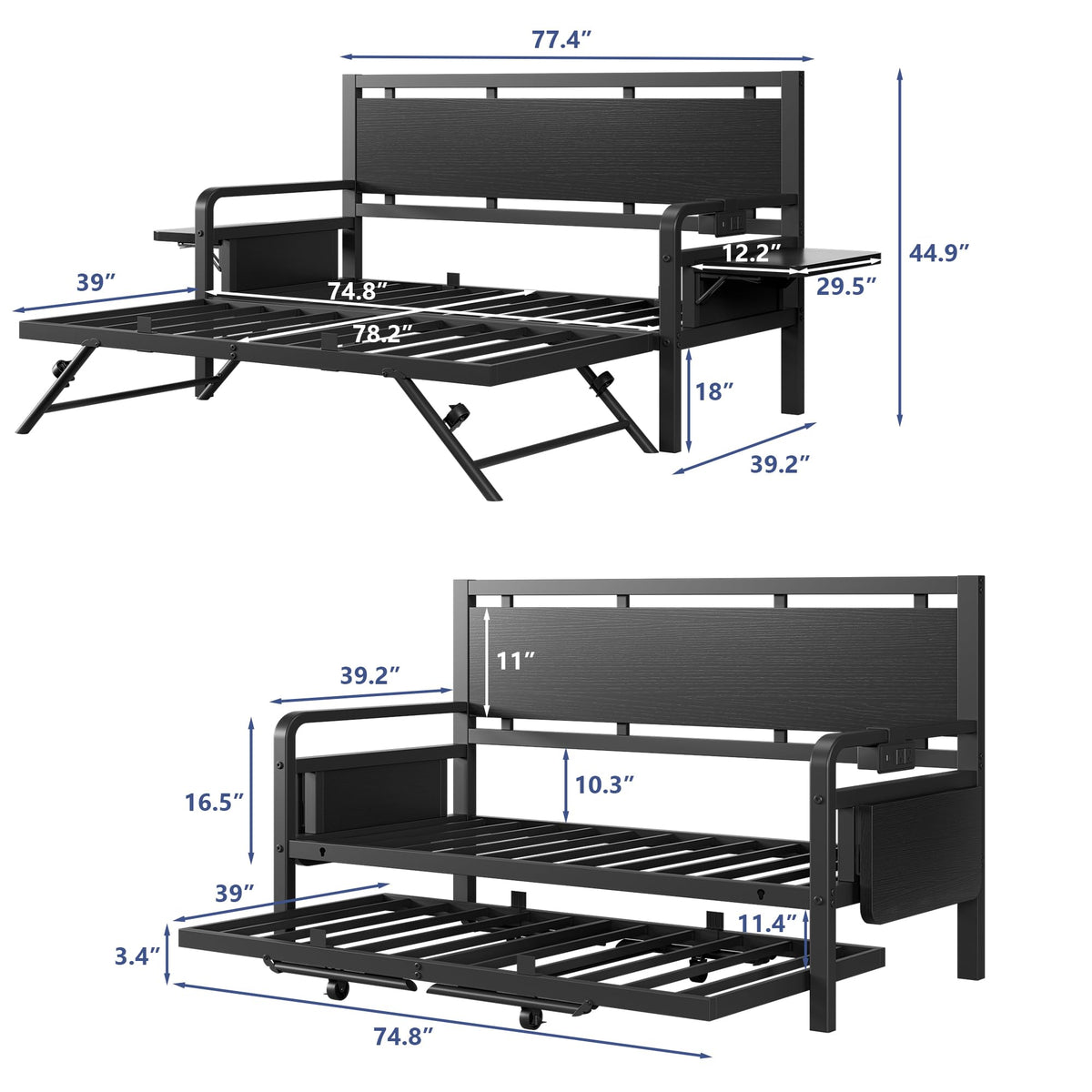 Black Metal Daybed with Trundle and LED Light O764