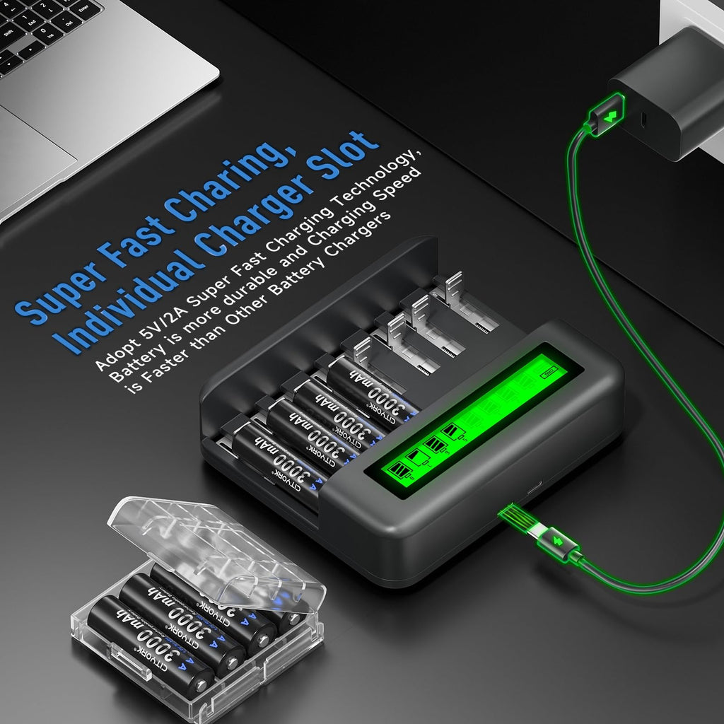 4 Pack 10000mAh Rechargeable D Batteries with 8 Bay LCD Charger M318