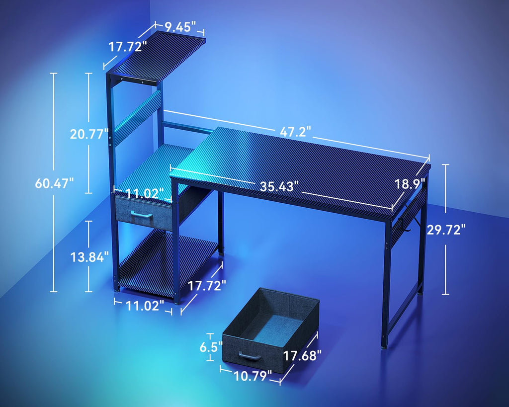 48'' Black Gaming Desk with LED Lights & CPU Stand V3323