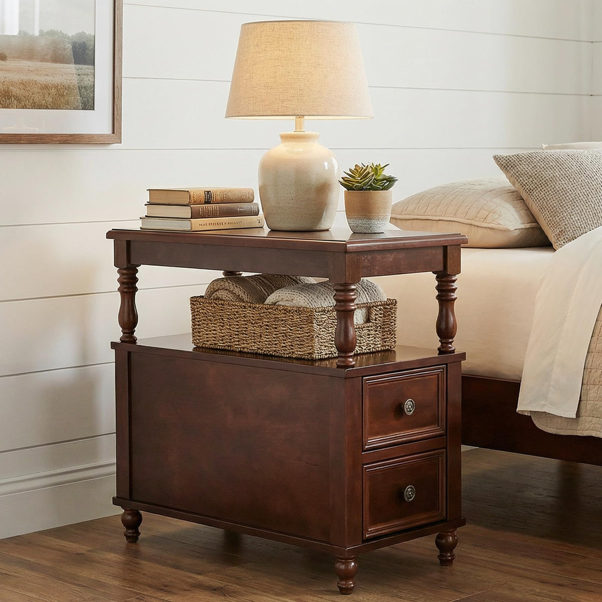 Solid Wood 2 Drawer Nightstand with Open Storage Shelf S368