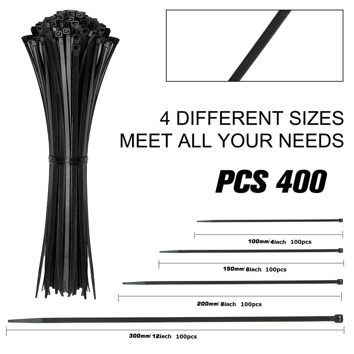 Black Assorted Sizes Nylon Cable Zip Ties 400 Pack R861224