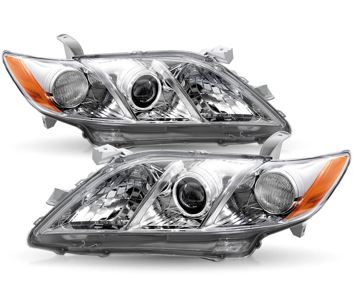 Pair Headlights Assembly Compatible With 2007-2009 Toyota Camry Driver Passenger Side Halogen Chrome Housing Clear Lens Q698