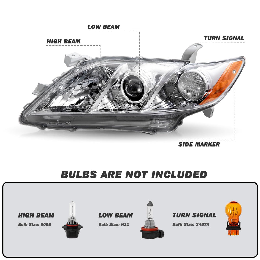 Pair Headlights Assembly Compatible With 2007-2009 Toyota Camry Driver Passenger Side Halogen Chrome Housing Clear Lens Q698