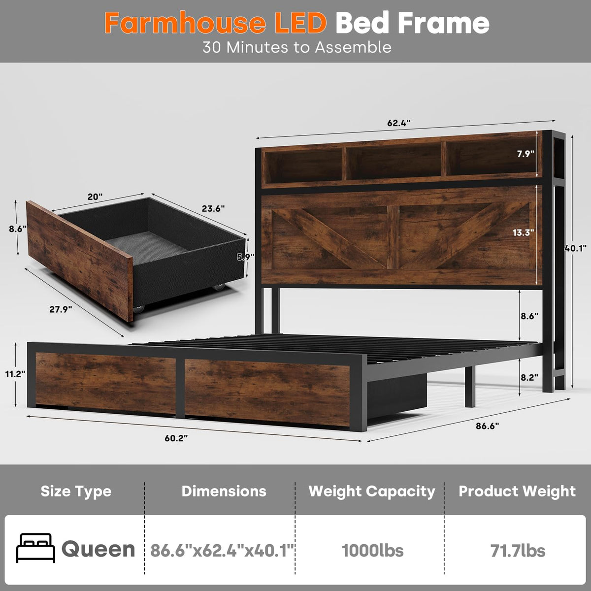 Queen Bed Frame with Bookcase Storage Headboard and 2 Storage Drawers R403217