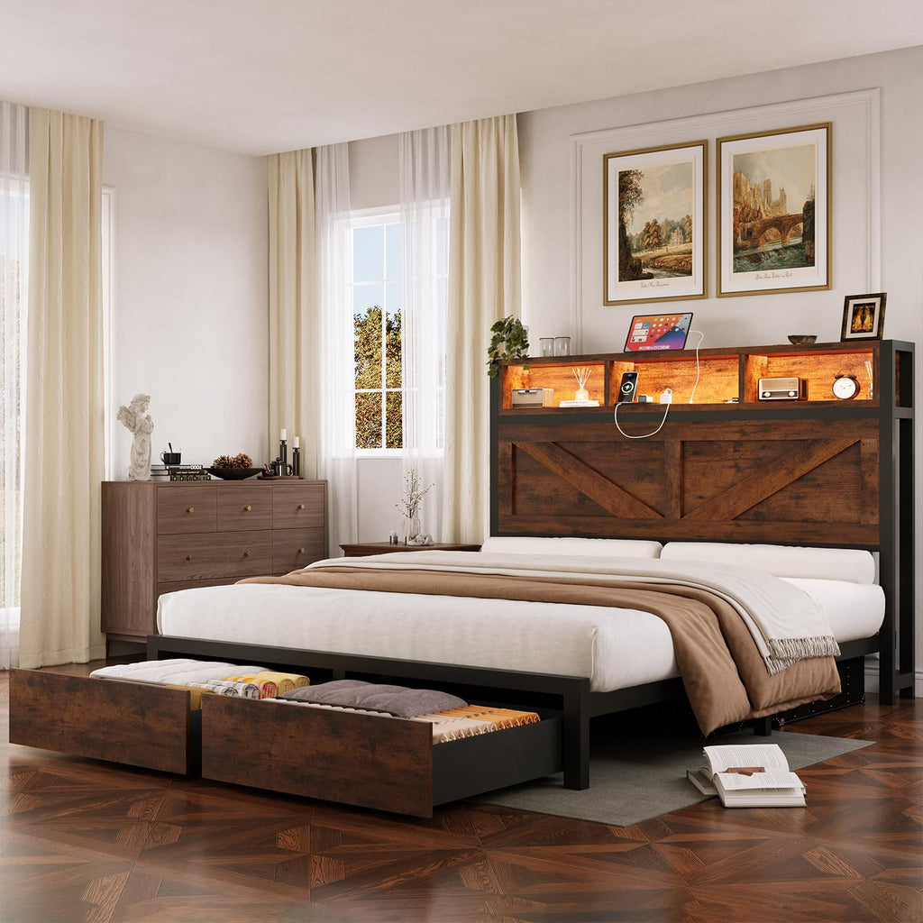 Queen Bed Frame with Bookcase Storage Headboard and 2 Storage Drawers R403217