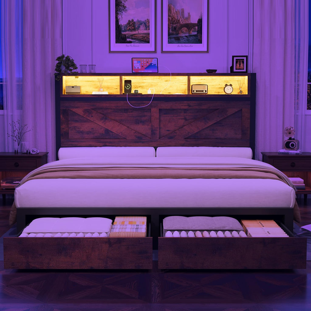 Queen Bed Frame with Bookcase Storage Headboard and 2 Storage Drawers R403217