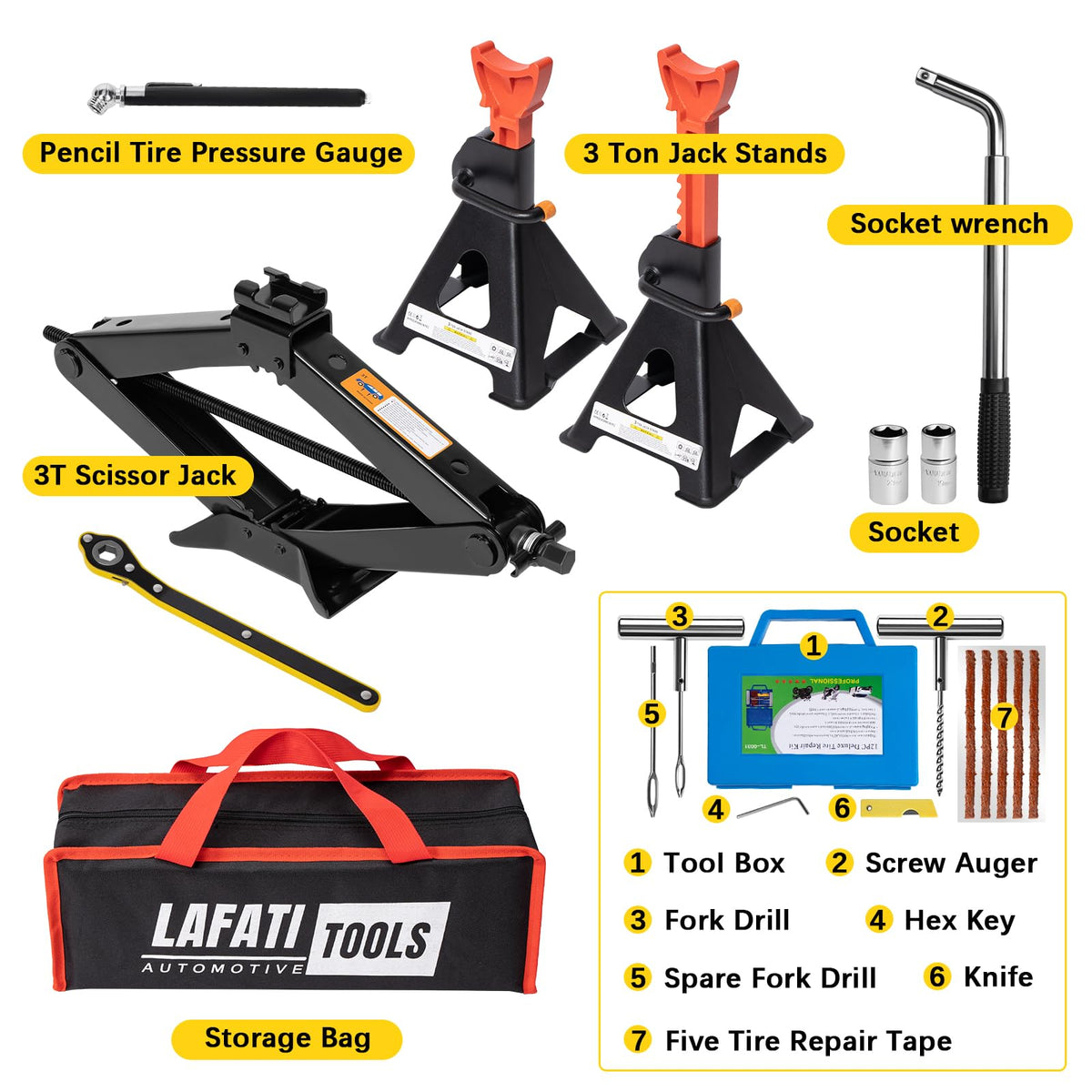 3 Ton Scissor Jack and Jack Stands Kit with Lug Wrench I92646