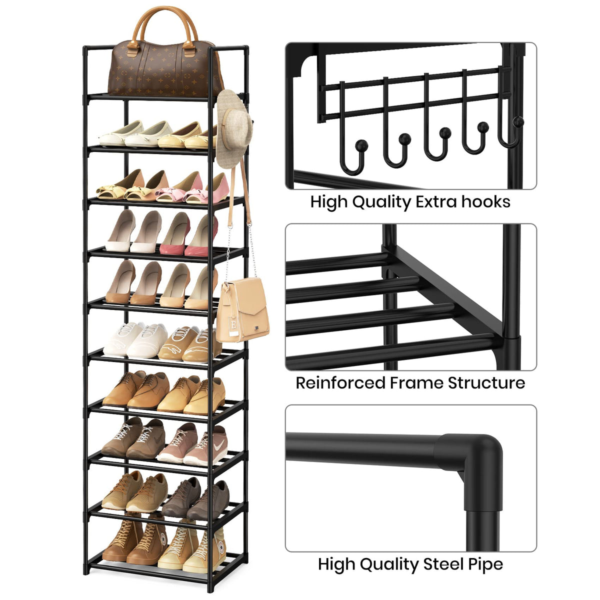 Black 10 Tiers Narrow Shoe Rack S5736
