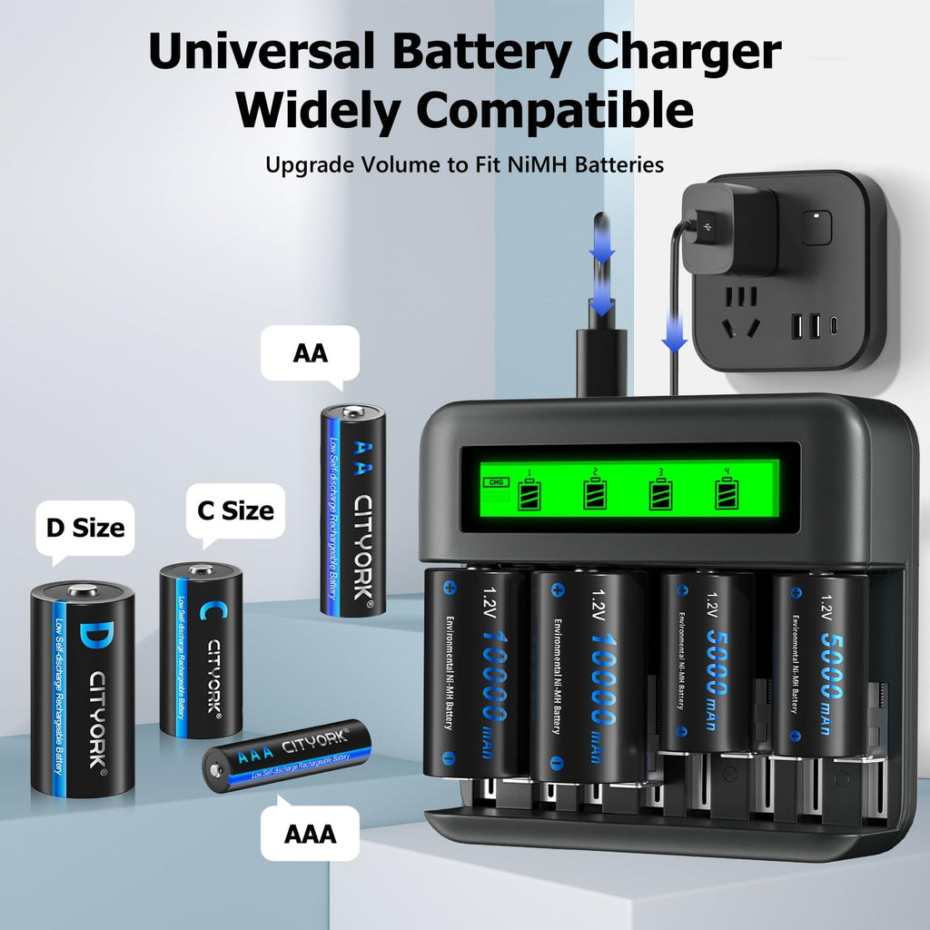 4 Pack 10000mAh Rechargeable D Batteries with 8 Bay LCD Charger M318