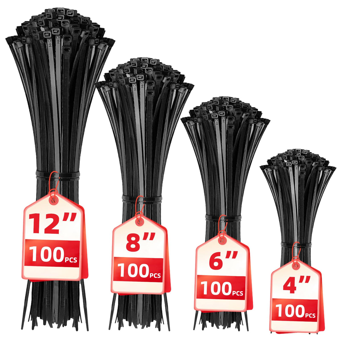 Black Assorted Sizes Nylon Cable Zip Ties 400 Pack R861224