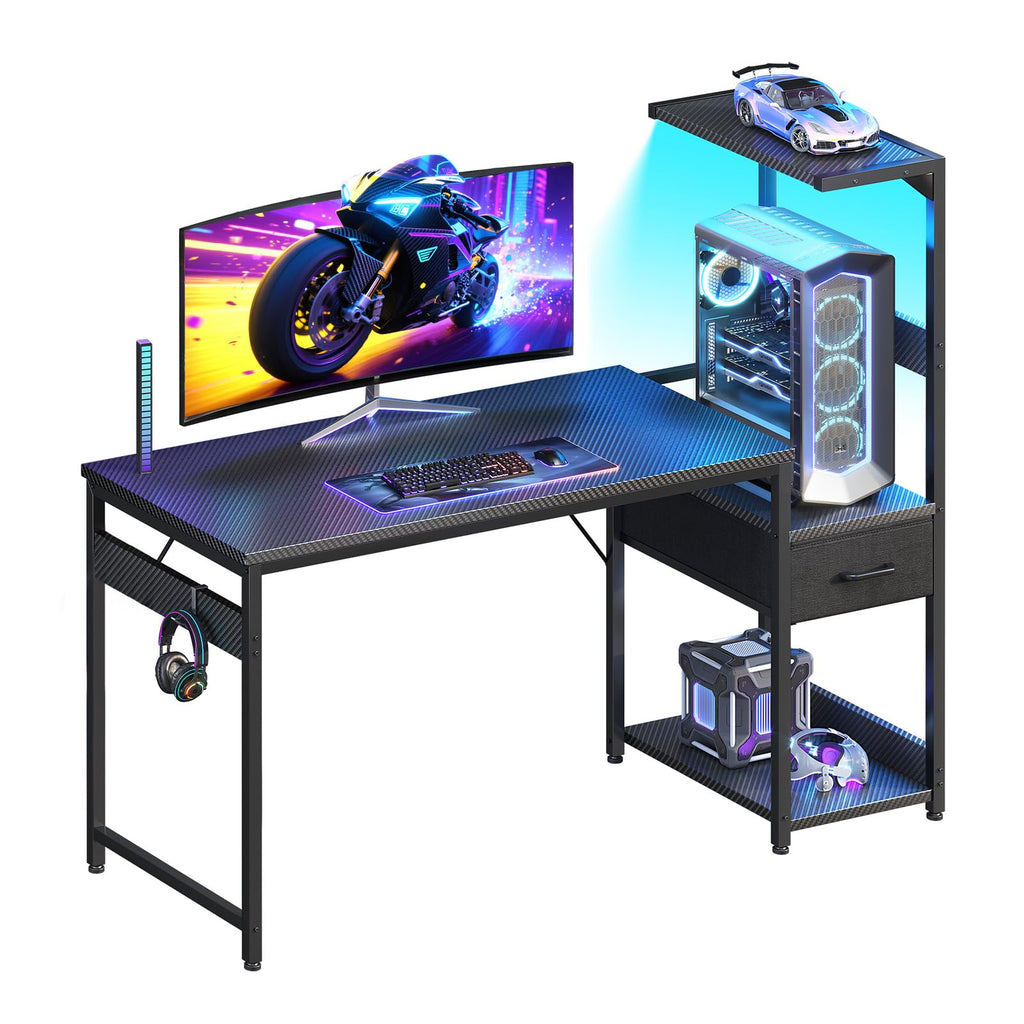 48'' Black Gaming Desk with LED Lights & CPU Stand V3323