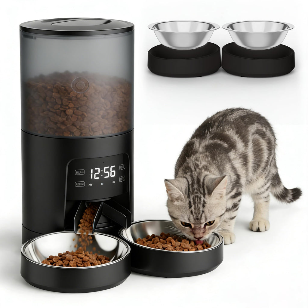 6L Automatic Cat Feeder with 2 Stainless Bowls Black Z24816