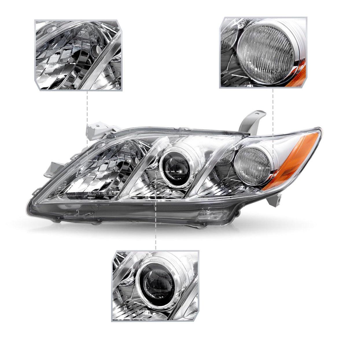 Pair Headlights Assembly Compatible With 2007-2009 Toyota Camry Driver Passenger Side Halogen Chrome Housing Clear Lens Q698