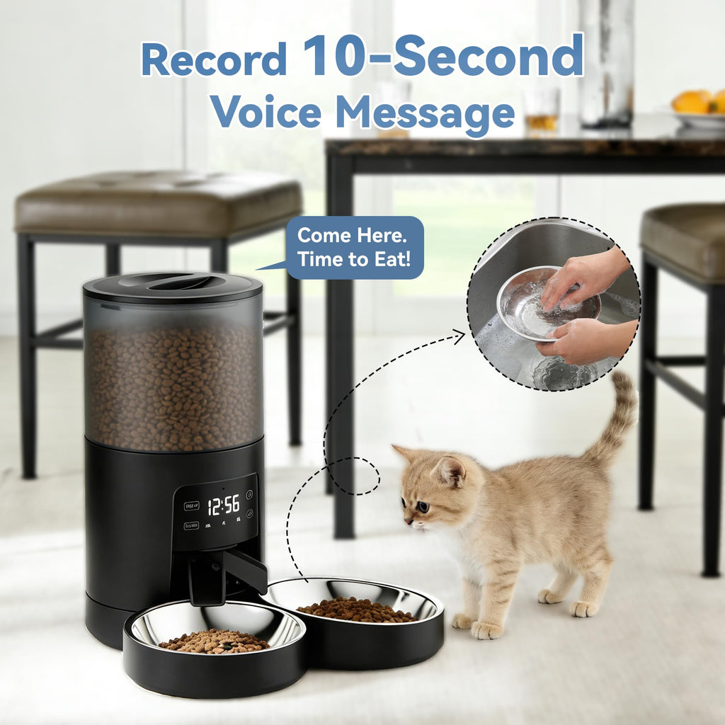 6L Automatic Cat Feeder with 2 Stainless Bowls Black Z24816