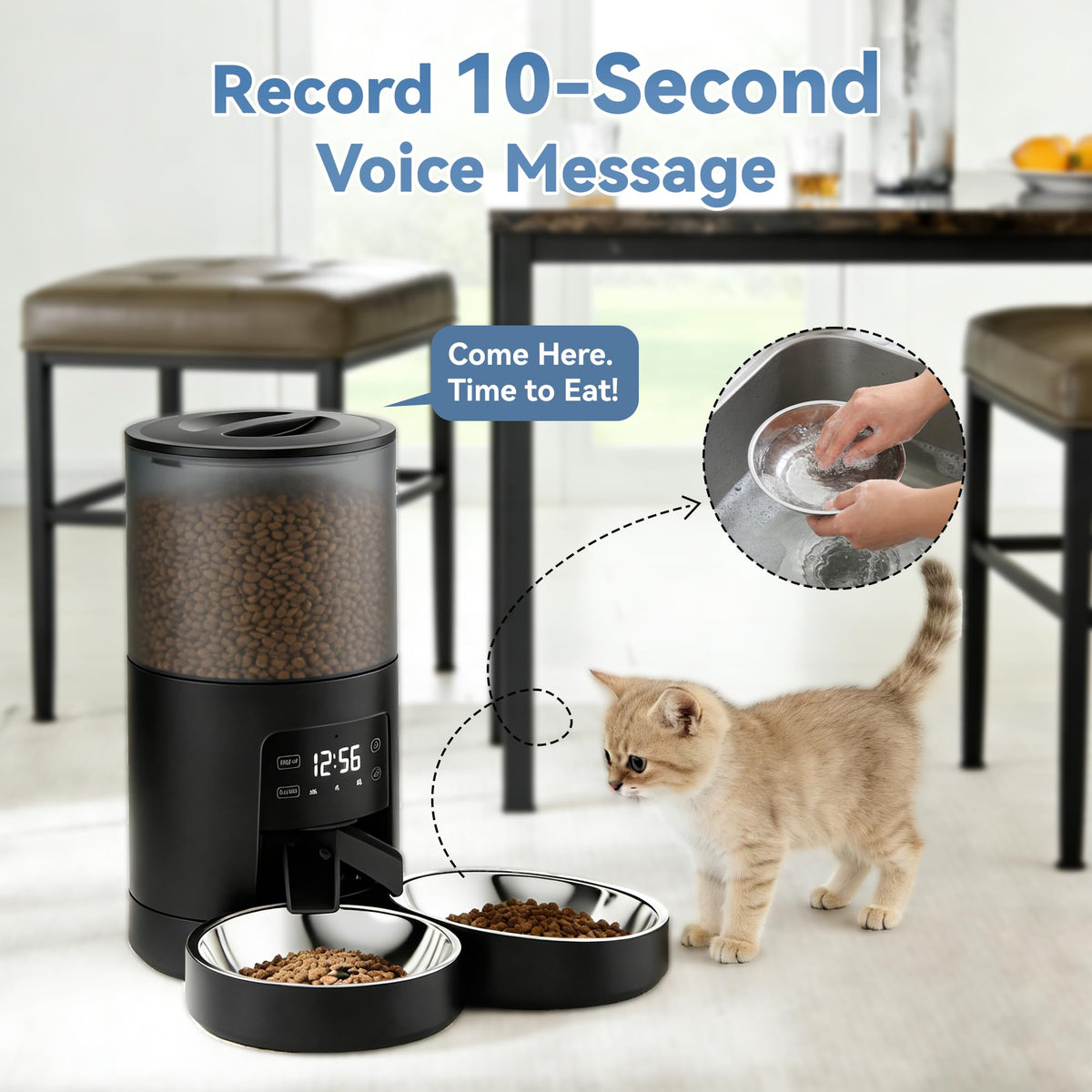 6L Automatic Cat Feeder with 2 Stainless Bowls Black Z24816