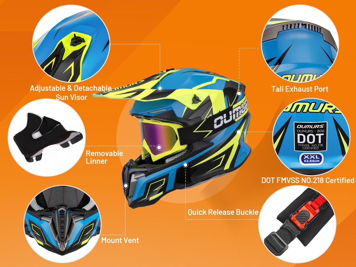 Adult ATV Dirt Bike Helmet with Goggles Gloves & Mask Adjustable Sun Visor M724