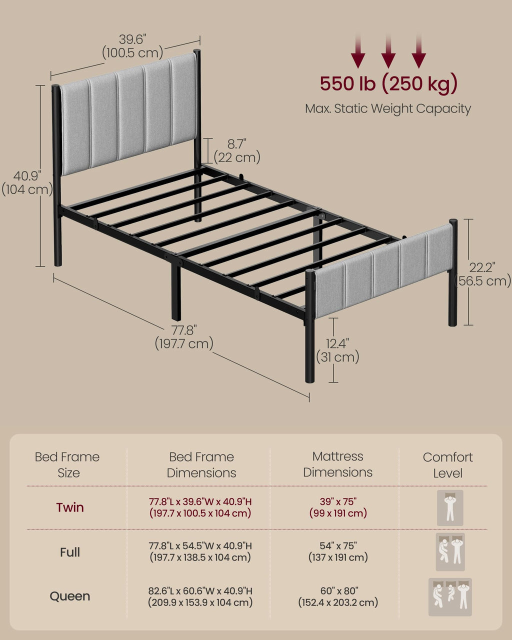 Twin Bed Frame with Upholstered Headboard C39061