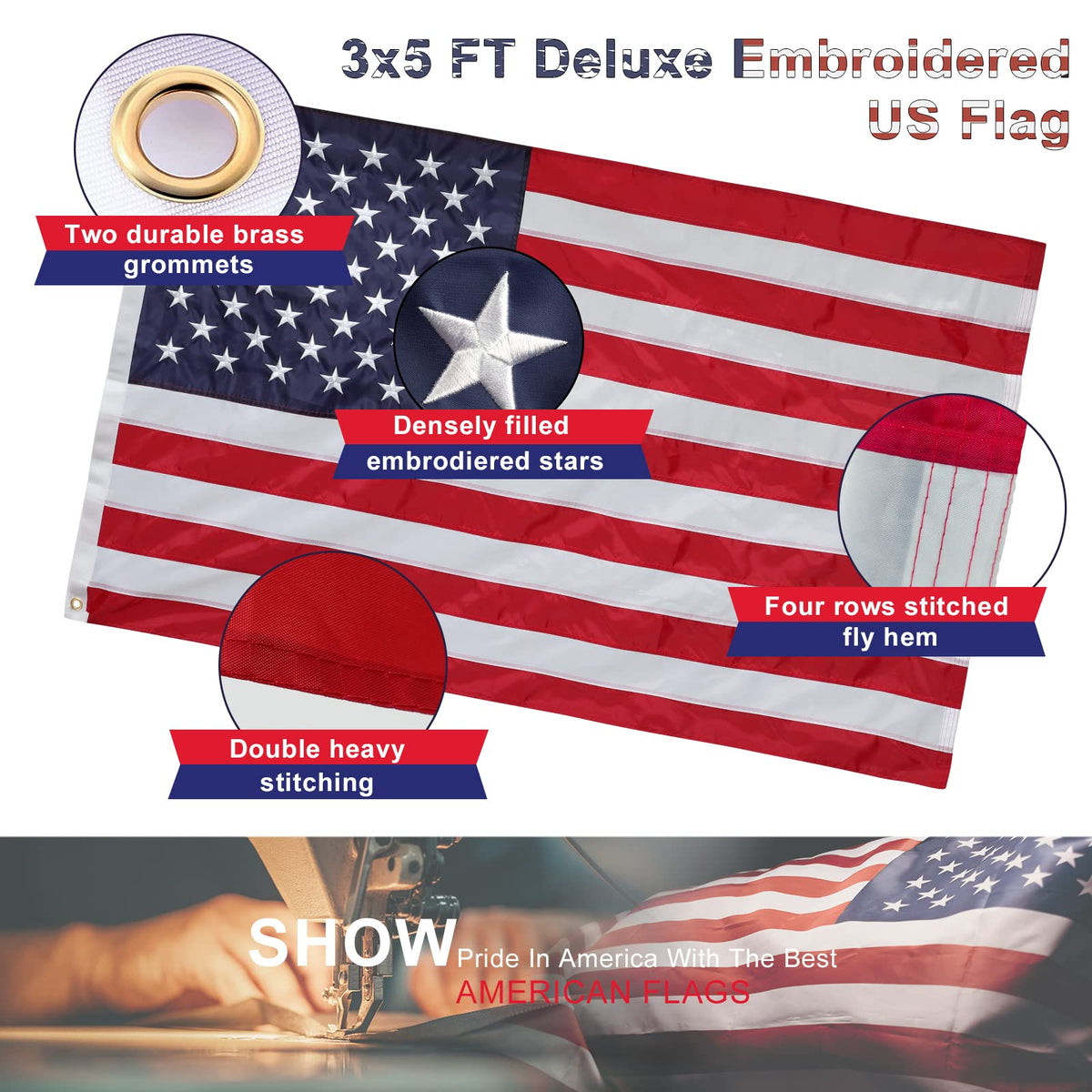 5ft Tangle Free Metal House Flag Pole with 3x5 Embroidered US Flag V1219