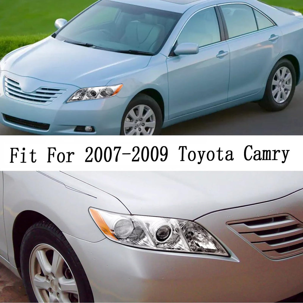 Pair Headlights Assembly Compatible With 2007-2009 Toyota Camry Driver Passenger Side Halogen Chrome Housing Clear Lens Q698