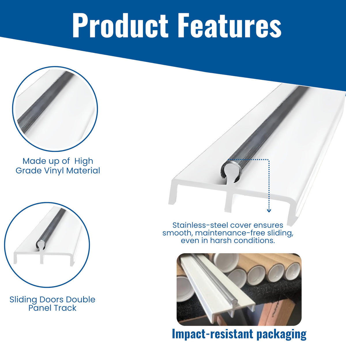 Vinyl Sliding Door Track with Stainless Steel Cover White 72 Inches W503