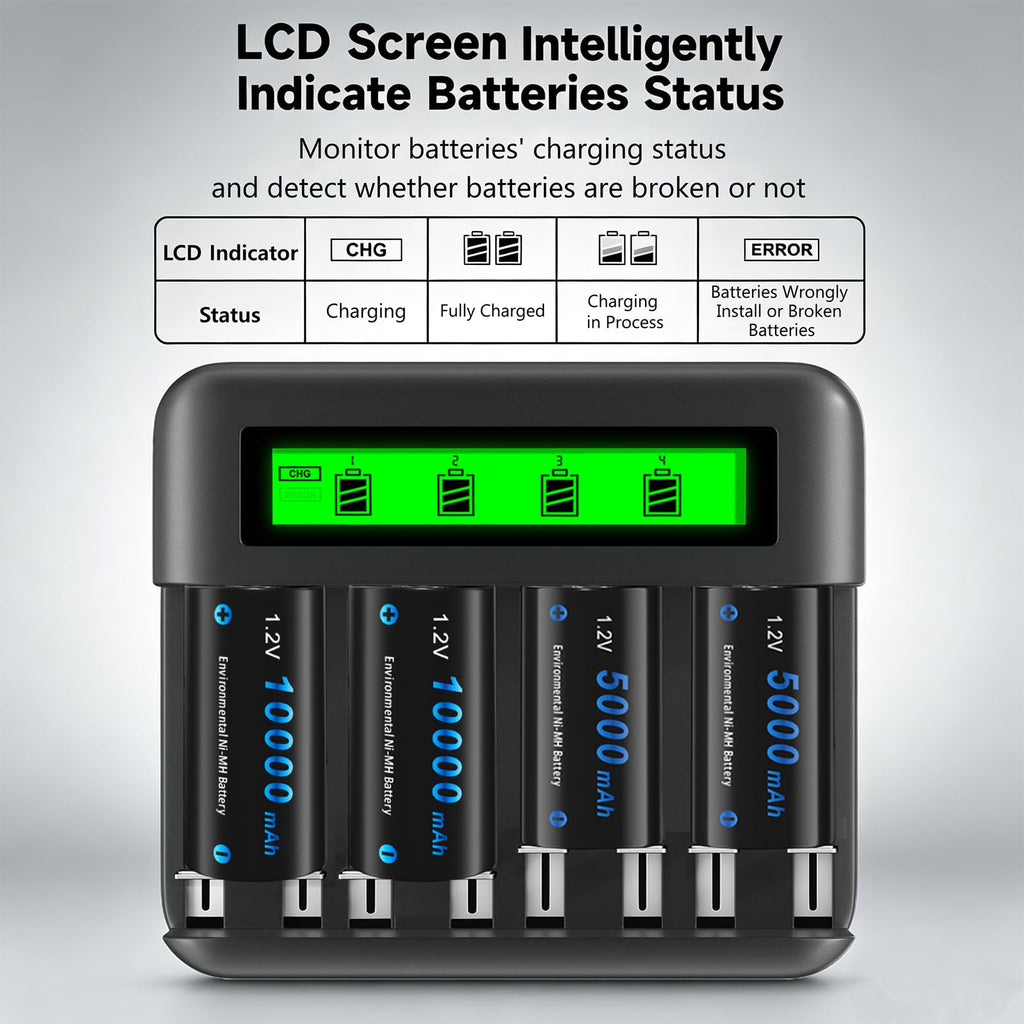 4 Pack 10000mAh Rechargeable D Batteries with 8 Bay LCD Charger M318