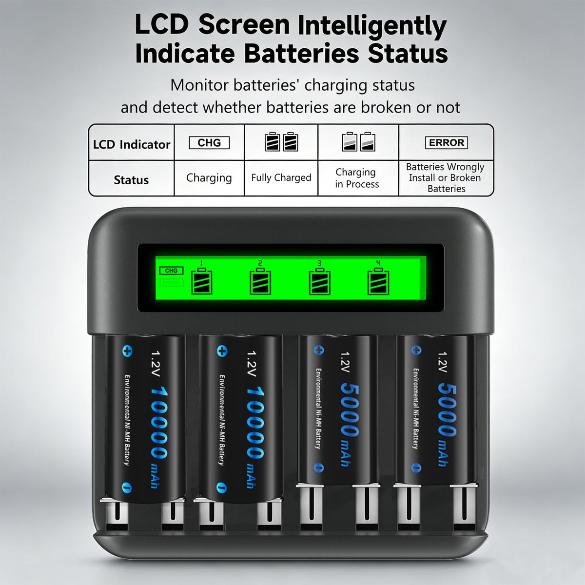 4 Pack 10000mAh Rechargeable D Batteries with 8 Bay LCD Charger M318