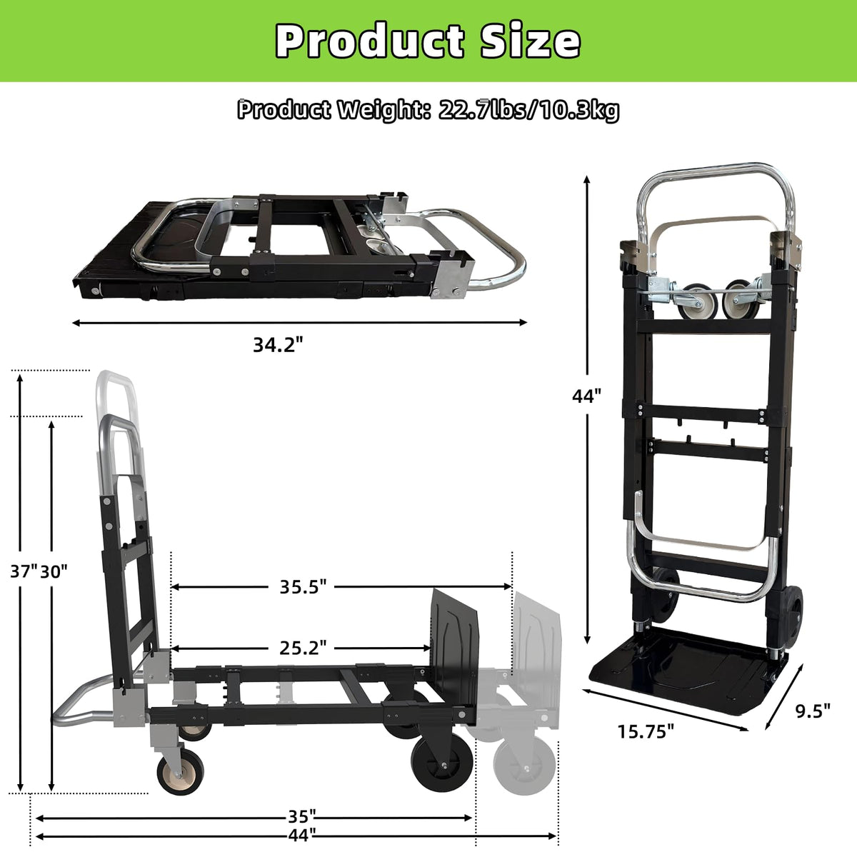 3 in 1 Folding Hand Truck, 600Lbs Capacity Collapsible Cart with Retractable Handle and 4 Rubber Wheels K381160