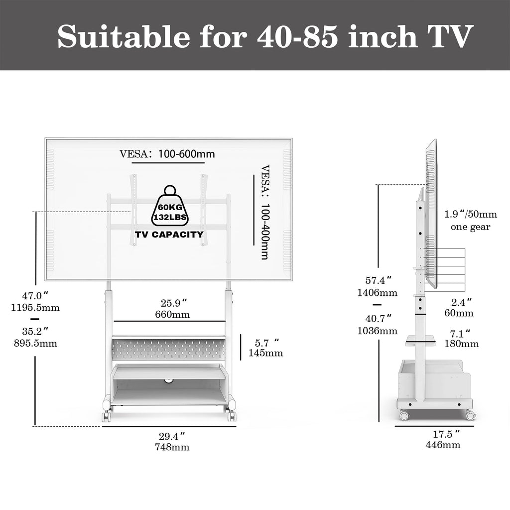 Rolling TV Floor Stand for 40-85in TVs, Height-Adjustable, Walnut V613672