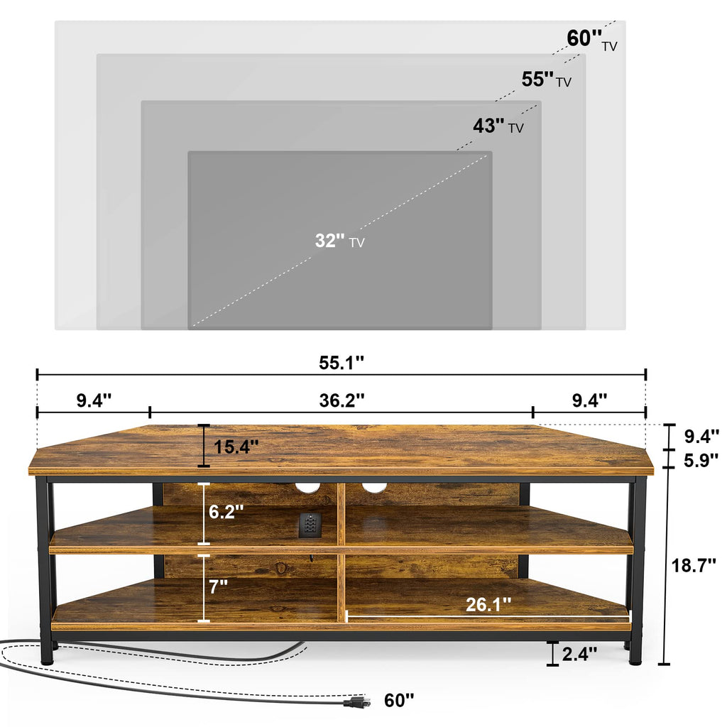 55'' Corner TV Stand with Power Outlet and 4 Open Storage Shelves O549