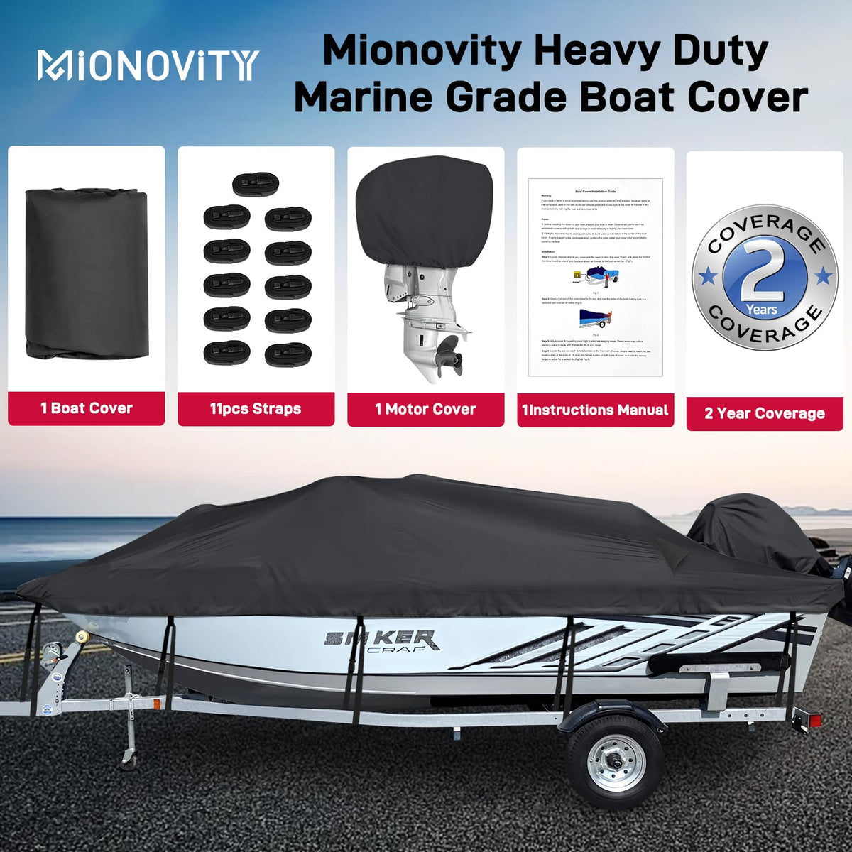 1200D Heavy Duty Waterproof Boat Cover 14-16ft Black O8894