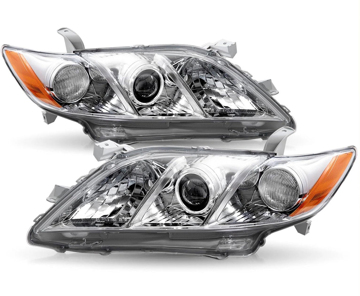 Pair Headlights Assembly Compatible With 2007-2009 Toyota Camry Driver Passenger Side Halogen Chrome Housing Clear Lens Q698