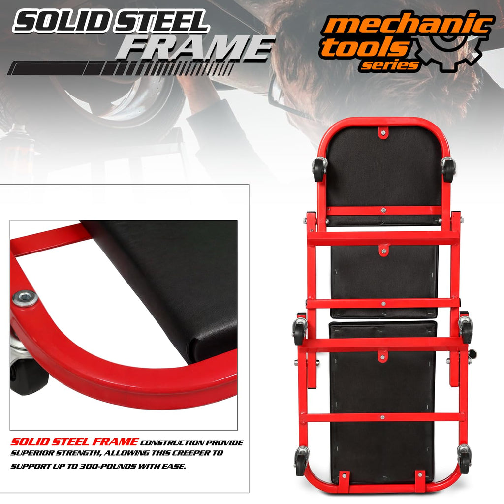 40-Inch Folding Creeper Rolling Seat, 330LBS Capacity with 6 Swivel Casters, Red A4180