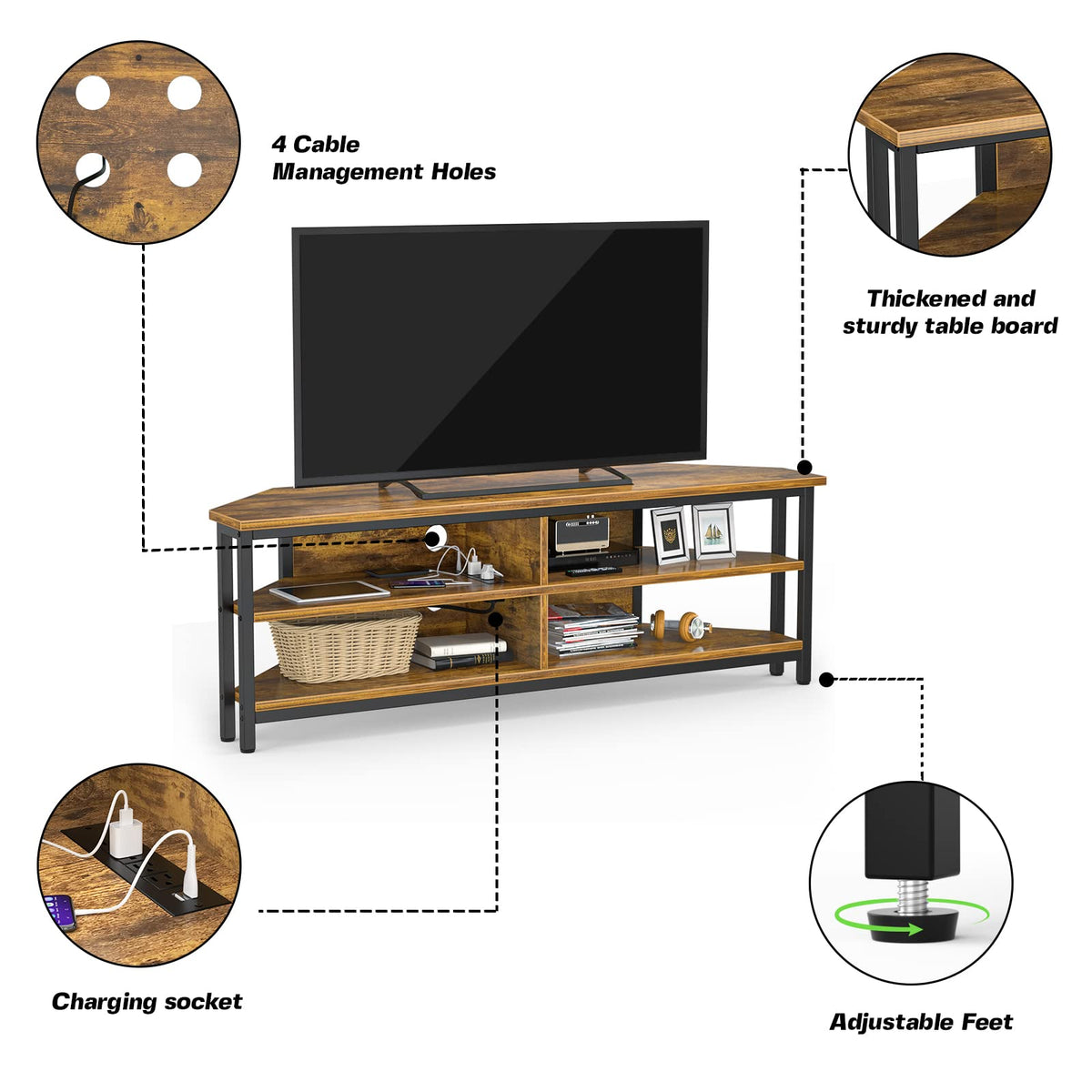 55'' Corner TV Stand with Power Outlet and 4 Open Storage Shelves O549