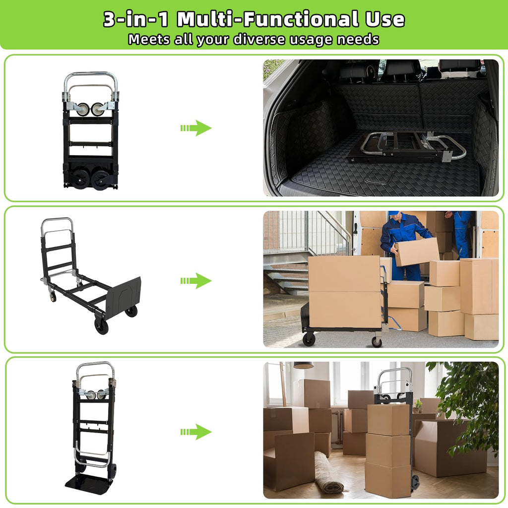 3 in 1 Folding Hand Truck, 600Lbs Capacity Collapsible Cart with Retractable Handle and 4 Rubber Wheels K381160