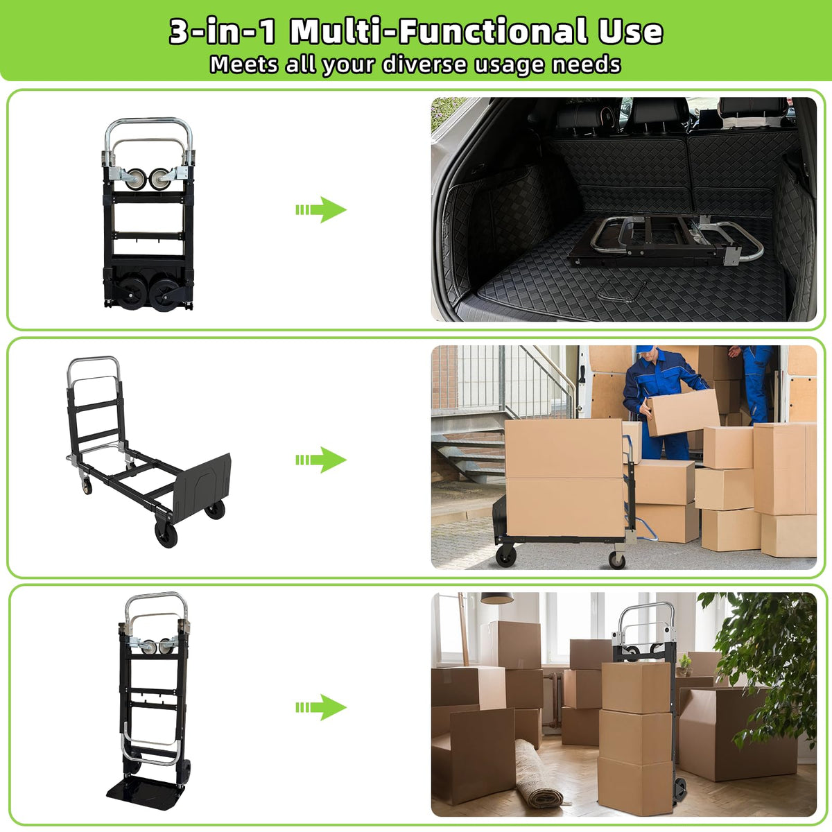 3 in 1 Folding Hand Truck, 600Lbs Capacity Collapsible Cart with Retractable Handle and 4 Rubber Wheels K381160