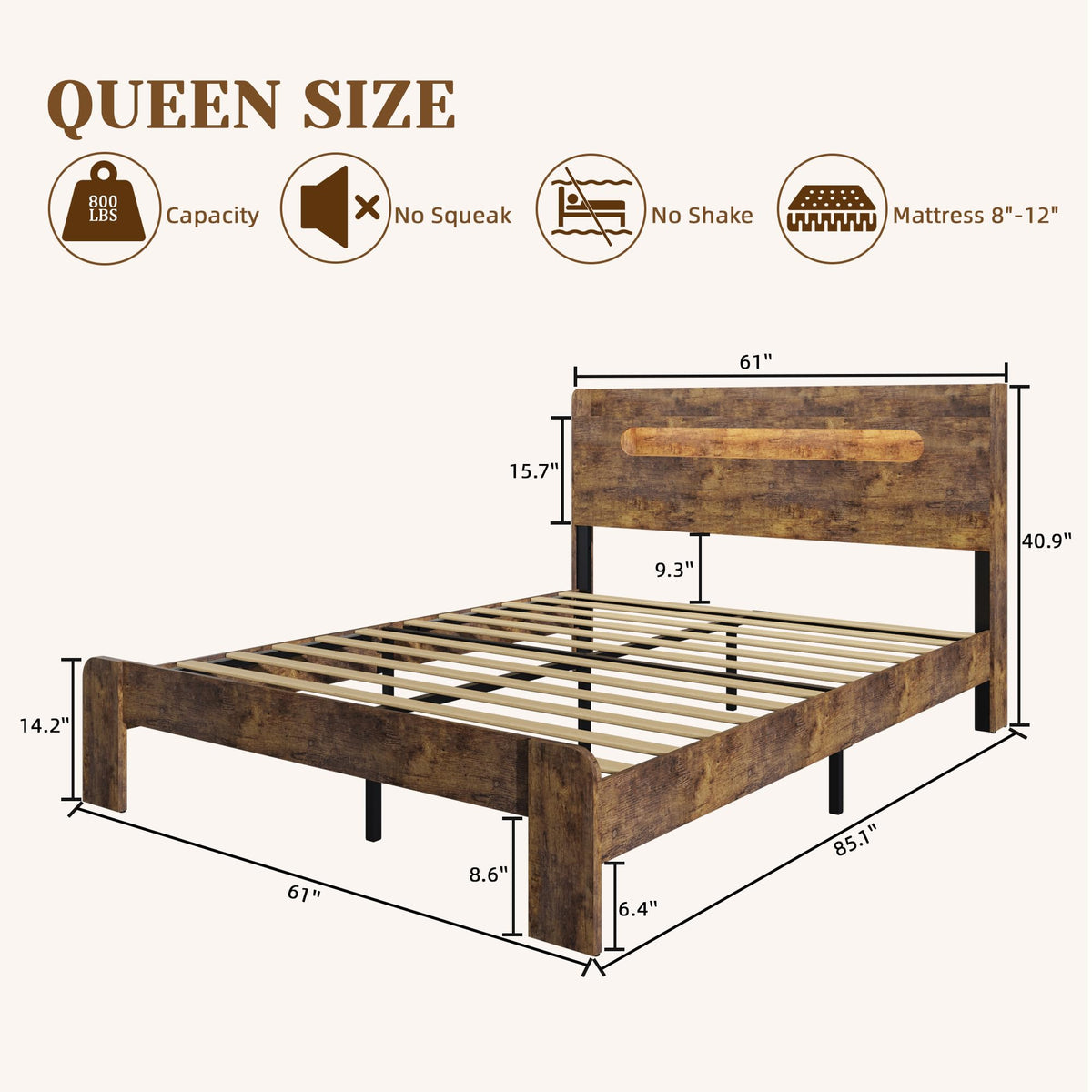 Queen Size Wood Bed Frame with Storage Headboard I995
