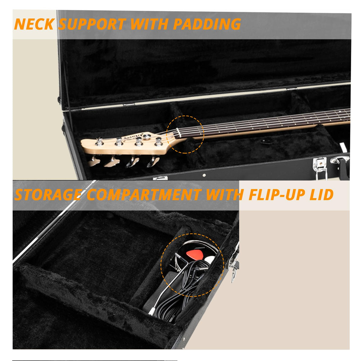 Black Bass Guitar Hard Case with Lock Latch and Soft Padding I36670