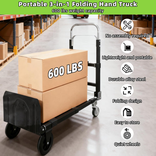 3 in 1 Folding Hand Truck, 600Lbs Capacity Collapsible Cart with Retractable Handle and 4 Rubber Wheels K381160