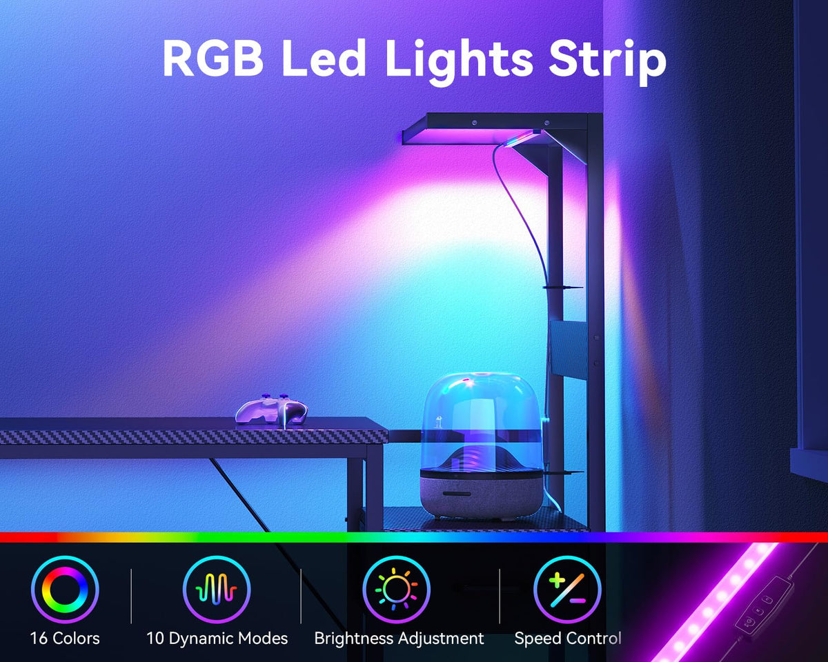 48'' Black Gaming Desk with LED Lights & CPU Stand V3323