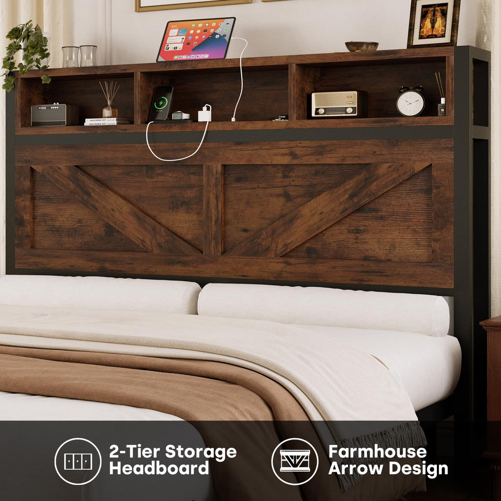 Queen Bed Frame with Bookcase Storage Headboard and 2 Storage Drawers R403217